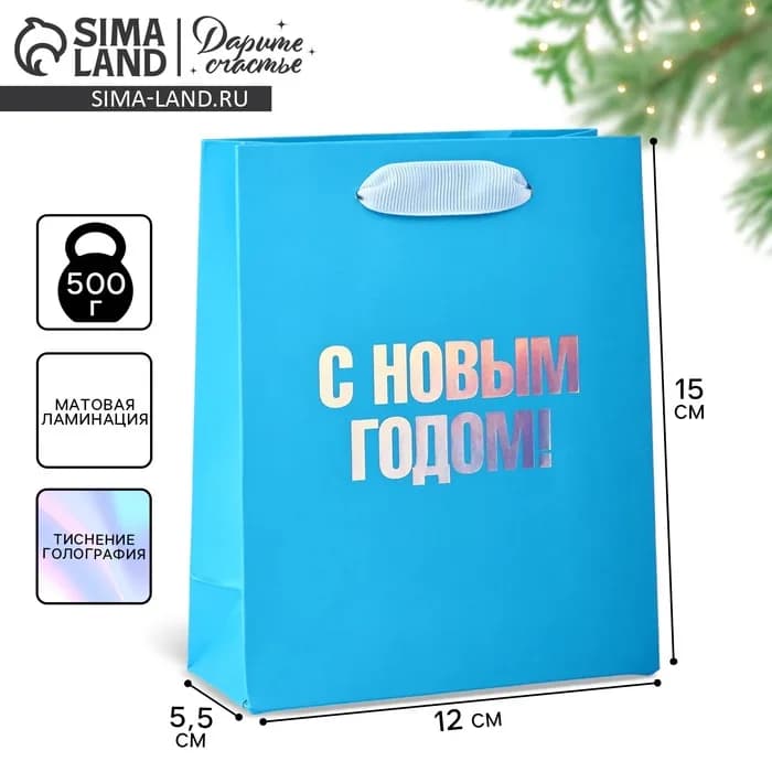 Пакет подарочный новогодний «С Новым годом», голография, S 12×5.5×15 см