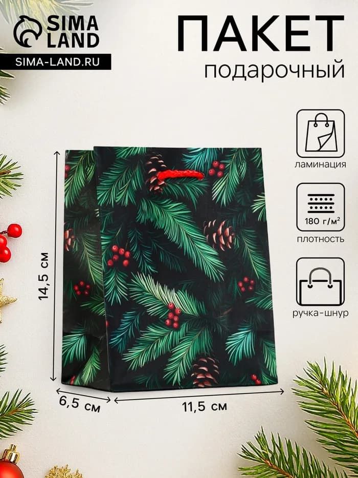 Пакет подарочный новогодний ламинированный, «Шишки», 11.5×6.5×14.5 см