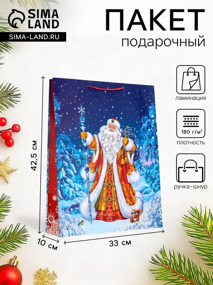 Пакет подарочный новогодний ламинированный, «Дед Мороз», 33×10×42.5 см