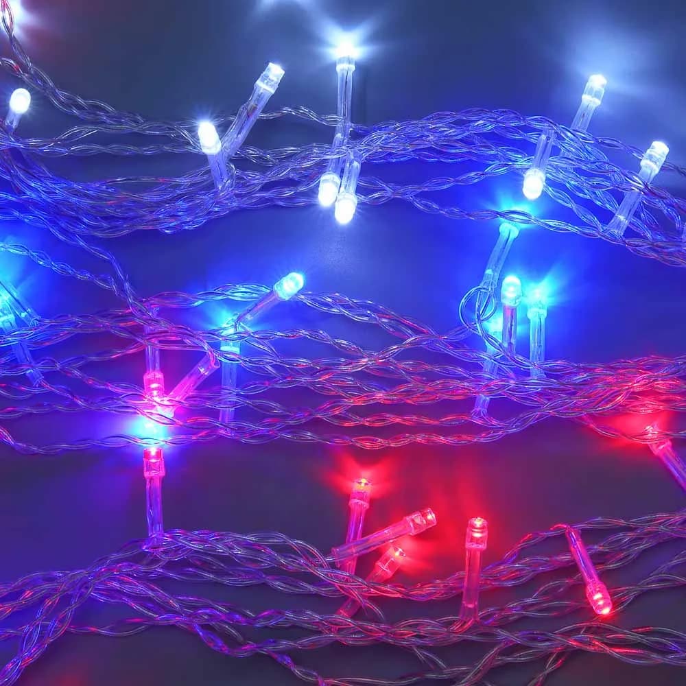 СНОУ БУМ Гирлянда эл. занавес 2х2м, 100LED, 10 нитей, триколор, пост.свеч., ПВХ прозрачный, 220В