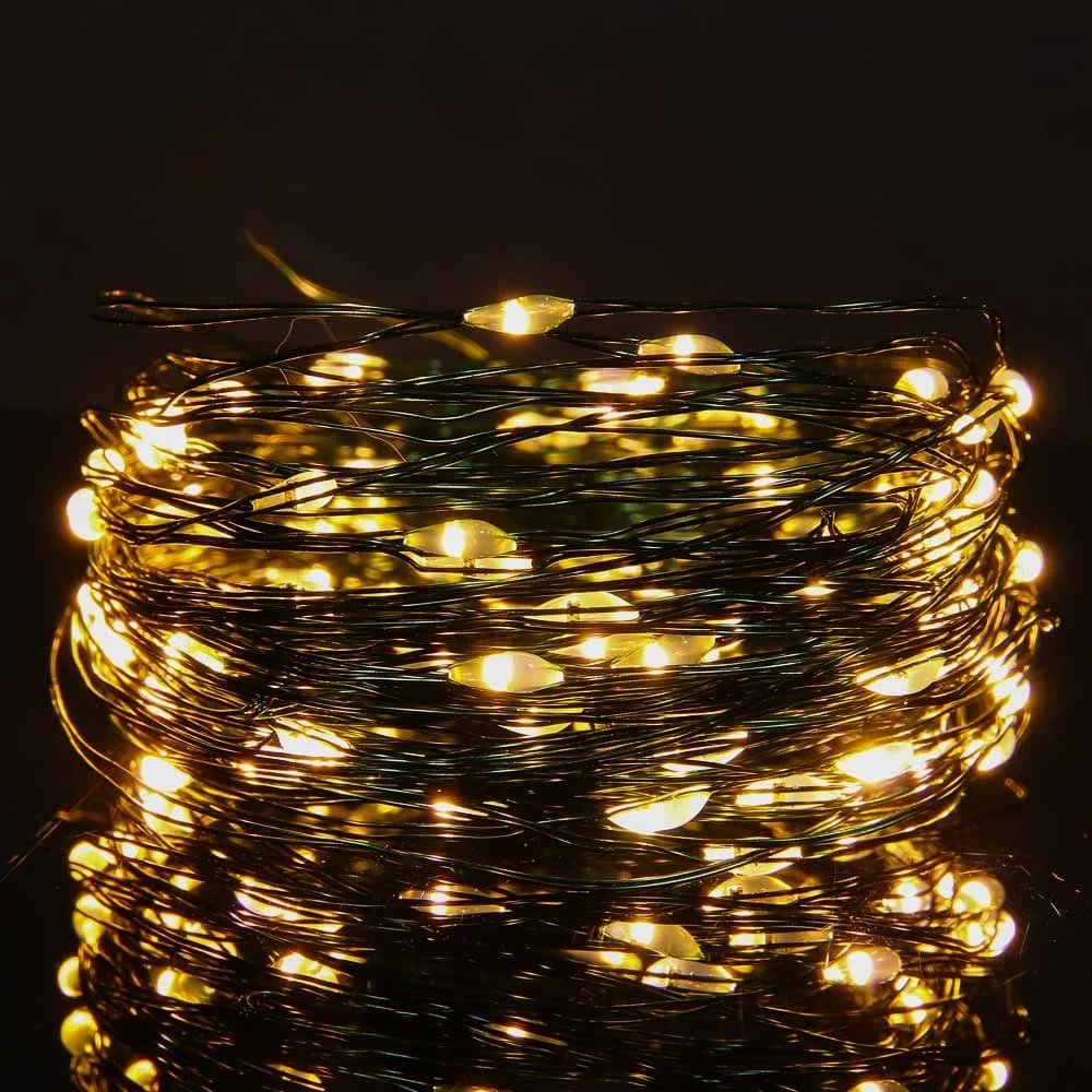 СНОУ БУМ Гирлянда эл. нить росы, 10м, 100LED, шампань, 8 реж, медная проволока, зеленый цвет, 220В