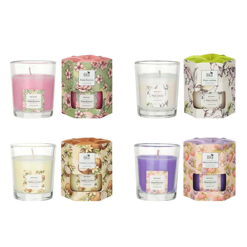 Свеча ароматизированная NEW GALAXY 45г., pure cotton, vanilla coconut, mixed berries, Pink flowers