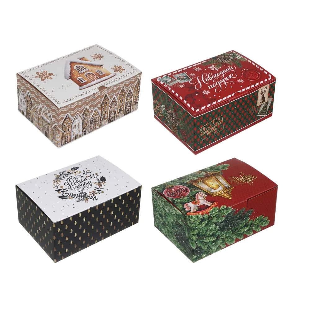Коробка подарочная новогодняя СНОУ БУМ складная, 22x15x10см, 4 диз, картон