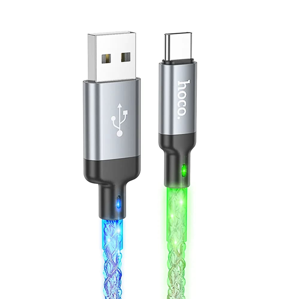 Кабель для зарядки USB(A)-Type C hoco. модель U112 Shine, 1 м, светящийся, серый